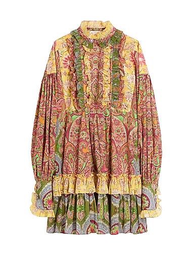 Valentino Garavani Короткое платье из кашемирового муслина с оборками и принтом от Voyage Imaginaire, произведенное в Италии 11029426