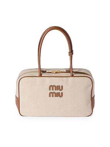 Miu Miu Холщовая сумка через плечо с кожаными ручками, карманом на молнии и льняной отделкой 11015475