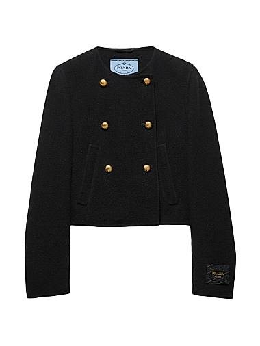 Двубортный жакет Prada из твила с коробчатым силуэтом и прямыми рукавами, 1% хлопок, 20% нейлон, 79% шерсть 11021417