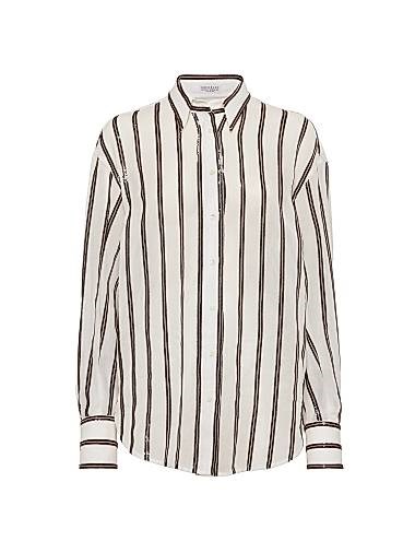 Хлопковая рубашка Brunello Cucinelli из органзы с восхитительной полосатой вышивкой, классическим воротником 11029830