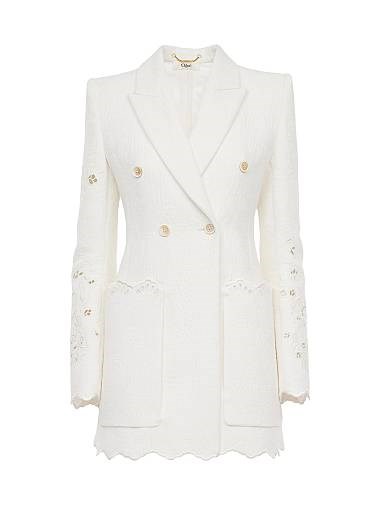 Двубортный пиджак Chloe с гипюровыми рукавами, легкая смесовая ткань, 55% хлопок, 28% полиамид, 17% лен 11008697