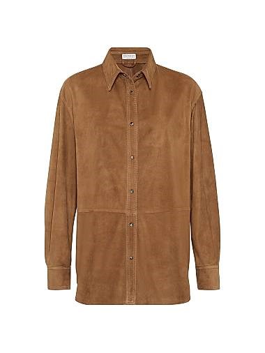 Замшевая рубашка Brunello Cucinelli с монетами, 100% кожа, классический воротник, Италия 11014202