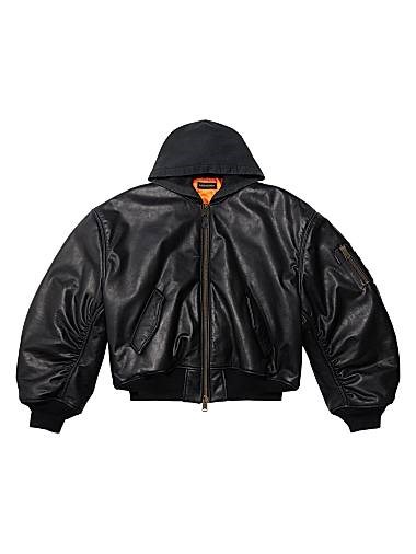 Куртка-бомбер из полуглянцевой бычьей кожи с капюшоном от Balenciaga, нейлоновая, произведено в Италии 11008655