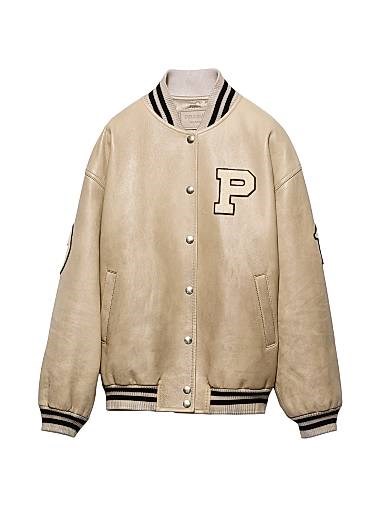Кожаная куртка-бомбер Prada с патчами, стёганным утеплением, регулярным кроем и винтажной отделкой 11019802