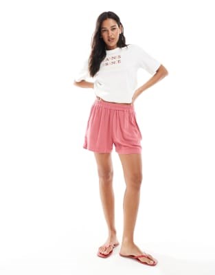 Шорты Pull&amp,Bear из розового льна с высокой талией, эластичным поясом и четырьмя карманами 11037542