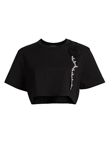 Кроп-топ с цветочной брошью из стретчевого хлопка от Area, 95% хлопок, украшен стразами 11029867