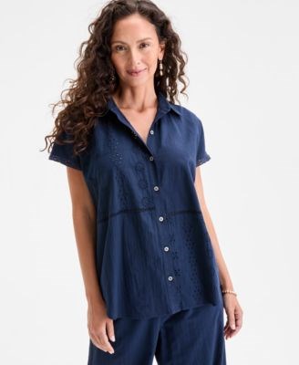 Короткая хлопковая рубашка с ажурной отделкой для маленьких размеров от Style &amp, Co 11048229