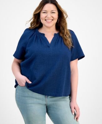 Летняя блузка большого размера с коротким рукавом и V-образным вырезом, украшенная рюшами от Style &amp, Co 11037164