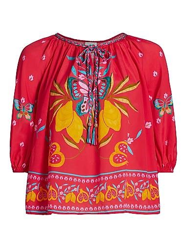 Johnny Was Блуза большего размера Monaco с бабочками и цветочным принтом, 65% вискоза, 35% шелк, рукава три четверти 10043108