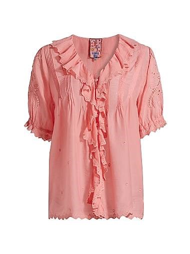 Блузка Anette с рюшами и V-образным вырезом от Johnny Was, 100% капро, короткие рукава 11011477