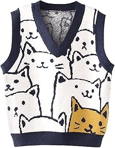 Женский оверсайз свитер-жилет Gihuo с милым принтом кошек, V-образный вырез, без рукавов 10022705