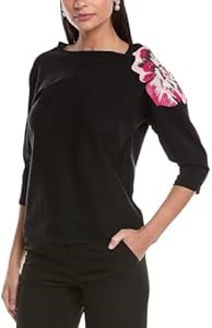 Лонгслив Anne Klein с лодочным вырезом и блестящим цветочным принтом, содержит 50% нейлона и 50% вискозы 11088417