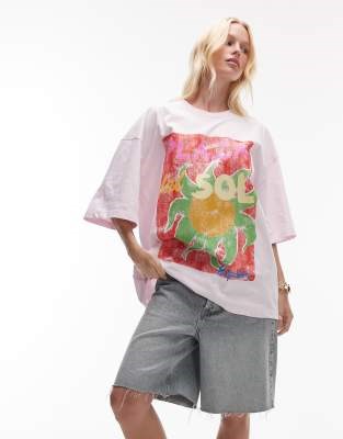 Розовая оверсайз футболка Topshop с графическим принтом Plaza de Sol и круглым вырезом 11040847