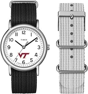 Timex Часы унисекс 38 мм с серебристым корпусом и черным ремешком, с логотипом Virginia Tech Hokies, водонепроницаемые 11099997