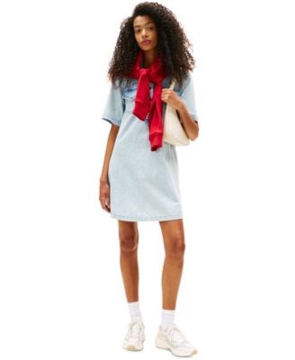 Женственное А-силуэтное платье Tommy Jeans из денима с отложным воротником и карманами 11072178