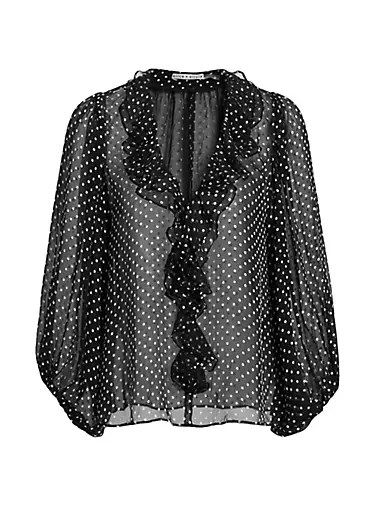 Alice + Olivia Шифоновая блуза Betsie с рюшами и металлическими горошинами, 85% шелк, 15% вискоза 10042885
