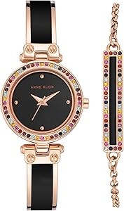 Anne Klein Женские часы с браслетом и 50 многоцветными кристаллами, черным циферблатом, водостойкостью до 30 м 11051469
