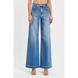 Джинсы Modenaire с высокой талией, широкими штанинами, накладными карманами и подвернутым краем 10046294