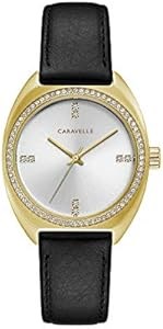 Caravelle Женские ретро кварцевые часы с золотым корпусом, черным кожаным ремешком и 80 кристаллами, водонепроницаемость 50 м 11084481