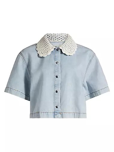 Женская джинсовая рубашка Frame с кружевным воротником, 75% хлопок, короткие рукава, застежка на кнопках 10042002