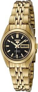 Seiko Женские автоматические часы с черным циферблатом и золотым корпусом из нержавеющей стали, 21 камень, диаметр 24 мм 11057519