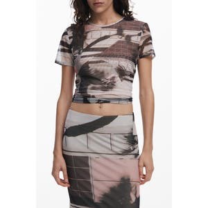 Футболка из полупрозрачной сетки Desigual с абстрактным принтом, коротким рукавом, 93% вискоза, 7% полиамид 10046064