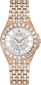Женские кварцевые часы Bulova на розово-золотистом браслете из нержавеющей стали с 110 кристаллами, водонепроницаемость 30 м 11098939