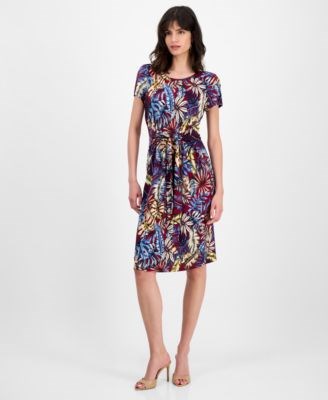 Connected Платье женское приталенное с принтом и завязкой спереди, мягкий трикотаж, короткий рукав 11020389