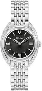 Bulova Женские кварцевые часы с 24 бриллиантами, черным циферблатом и стальным корпусом с серебристым покрытием 11089704