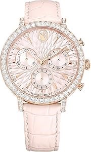 Swarovski Хронографические часы из нержавеющей стали с розовым золотым покрытием, 36 мм, кожаный ремешок, розовый циферблат 11057718