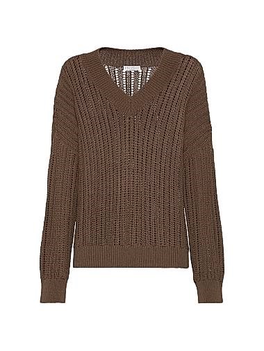 Хлопковый свитер с ажурной резинкой и монелем от Brunello Cucinelli, Италия, V-образный вырез, широкие рукава 11031849