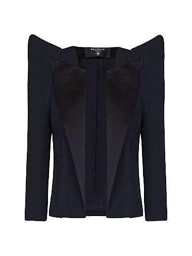 Жакет Balmain Spencer с открытым фасоном и атласными лацканами, 100% вискоза, рукава три четверти 11034856