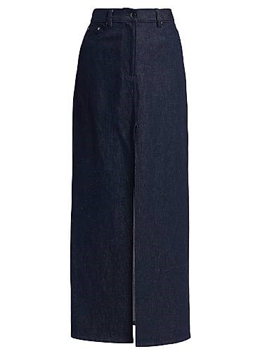 Длинная джинсовая юбка А-силуэта из хлопка и льна от Michael Kors с пятью карманами и разрезом спереди 11022875