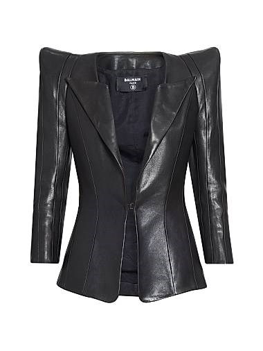 Кожаная приталенная куртка Balmain с острыми плечами и застежкой на крючок, Франция 11034883
