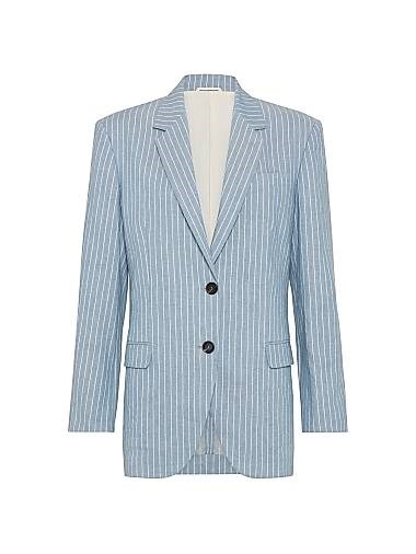 Пиджак в полоску из льна и конопли от Brunello Cucinelli с декором из латунных монет и застежкой на роговые пуговицы 11031458