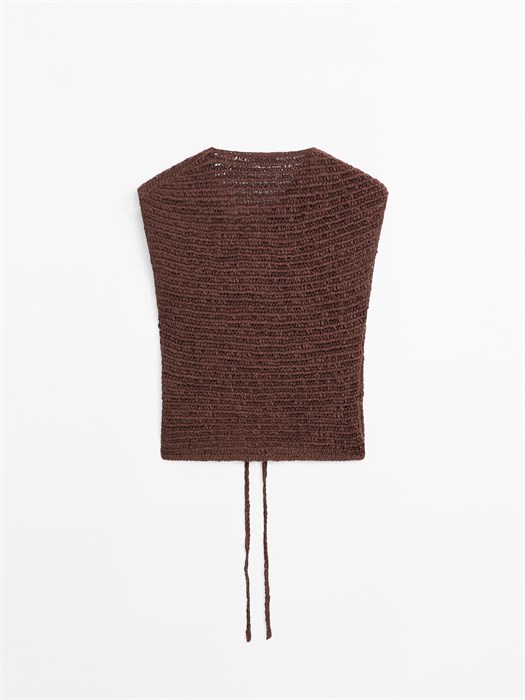 Хлопковый смесовый кружевной жилет Massimo Dutti с V-образным вырезом и завязкой 11202051