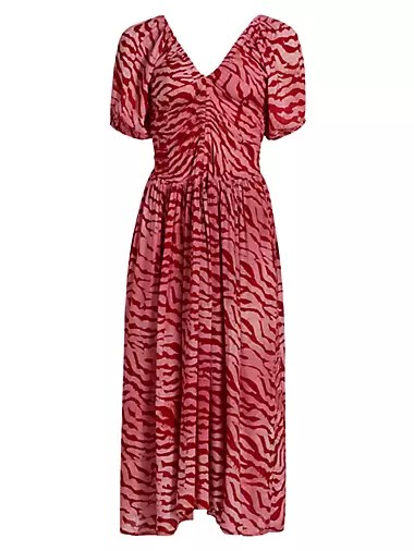 Платье миди Bori с принтом от Elisamama, А-силуэт, V-образным вырезом, короткими рукавами на резинках 10043077