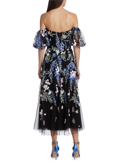 Миди-платье с цветочным принтом Marchesa Notte, открытыми плечами, короткими рукавами и расклешенной юбкой 11225684