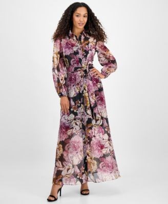 Макси-платье из органзы с принтом на пуговицах от Julia Jordan, длиной до пола, с поясом и длинными рукавами 11226284