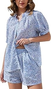 Комплект пижам Flygo из 2-х предметов с цветочным принтом, лёгкие шорты и блузка на пуговицах, стильный и удобный 10023007