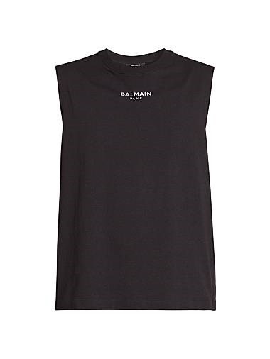 Хлопковый топ без рукавов с логотипом Balmain, Италия, 100% хлопок, круглый вырез 11009188