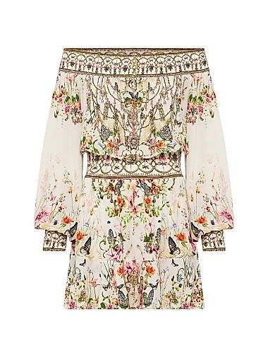 Шелковое мини-платье Camilla с открытыми плечами, длинными рукавами и эластичной талией 11026313