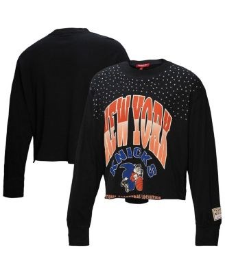 Женский укороченный лонгслив с чёрными стразами New York Knicks Hardwood Classics от Mitchell &amp, Ness 11223125
