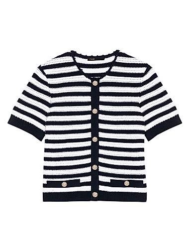 Укороченный кардиган Maje в полоску с круглым вырезом, короткими рукавами и двумя карманами 11167866