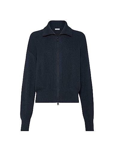 Brunello Cucinelli Кардиган из хлопкового ваниза с английским рубчиком, двухсторонней молнией, высоким воротником и широкими рукавами 11167805