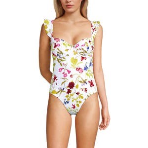 Lands', End Женский купальник-балконет с поддерживающим бюстгальтером, рюшами и высоким вырезом с цветочным принтом 10048483
