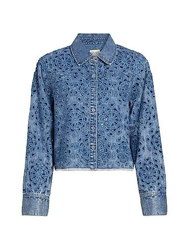 Джинсовая укороченная рубашка oversize из хлопка от Alice + Olivia с лазерной вырезкой и длинными рукавами 11010556