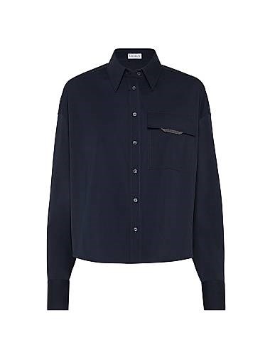 Короткая хлопковая поплиновая рубашка с эластичностью от Brunello Cucinelli, классический воротник, 72% хлопка 11167313