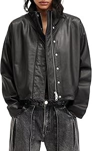 Кожаная женская куртка Ryder от AllSaints с расслабленным силуэтом, воротником-стойкой и длинными рукавами 11240650