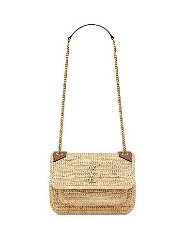 Saint Laurent Мини-сумка из рафии Niki через плечо с двумя отделениями и бронзовой фурнитурой 11168046